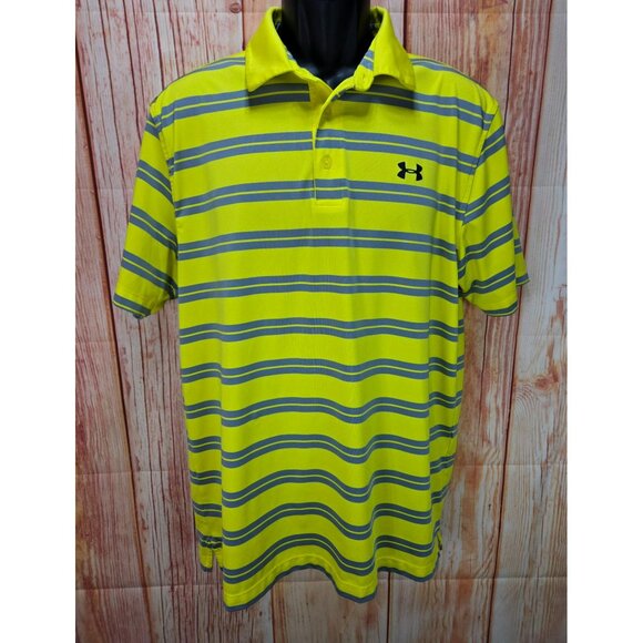 Under Armour Mens Loose Fit HeatGear Yellow Striped Polo Shirt Large - Picture 1 of 6